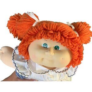 Vintage 1985 Cabbage Patch Kids Doll With Red Yarn Hair Green Eyes White Dress &